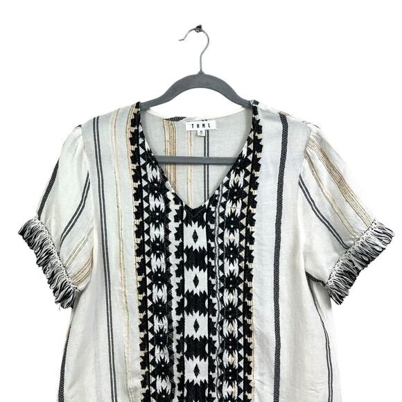 THML Womens Tunic Top Boho Embroidered Fringe with Aztec Pattern Cream Black XS - Picture 2 of 6